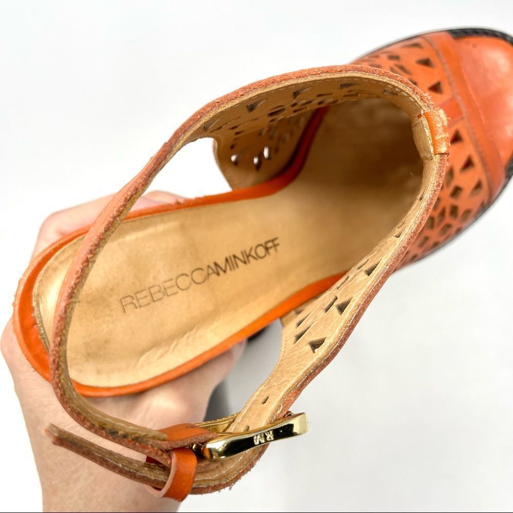 Rebecca Minkoff Laser Cut Peep Toe Orange Leather Block Heel Sandals Size 7.5 - Picture 7 of 9